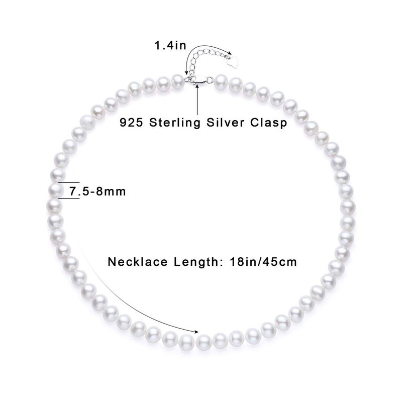 JORA Classic Pearl Necklace 7.5-8mm White Freshwater Cultured Pearls Neklace in Princess Length 18 inch for Women - Image 5